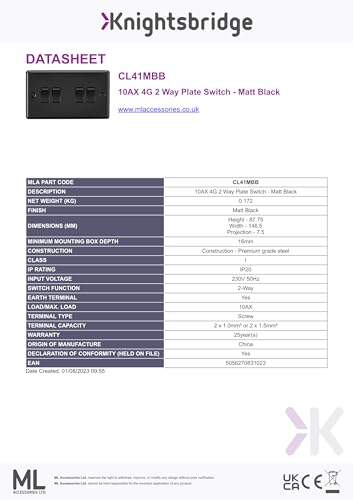 Knightsbridge 10AX 4G 2 Way Plate Switch - Matt Black - Image 3