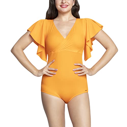 Image of Amante Solid V-Neck Ruffled Sleeves Padded One-Piece Swimsuit