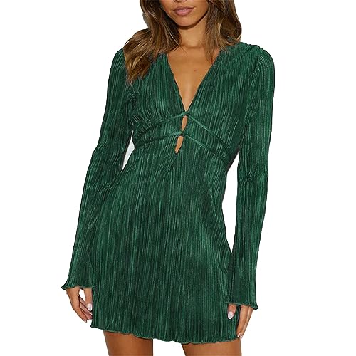 AMDOLE Faschingskleid, V-Ausschnitt, einfarbig, sexy, langärmelig, mit Mikro-Trompetenärmeln, Sommerkleider für Damen, UK, AG, XL