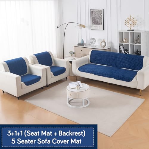 Image of HOKIPO Quilted Sofa Cover 5 Seater Set - Washable 3+1+1 Sofa Cover for Seat & Back | 'Quilt Classic' Navy Blue (IN-927 * 2+925 * 4-NBL)