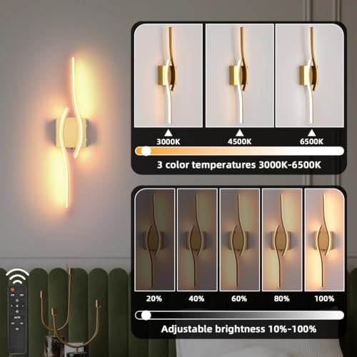 Image of Battery Powered Wall Sconces Set of 2, Gold 23.6 inch LED Dimmable Wall Sconce with Remote Control /Timer /Memory, USB Rechargeable Wall lights for Living Room, Bedroom, Hallway Wireless scones lighting