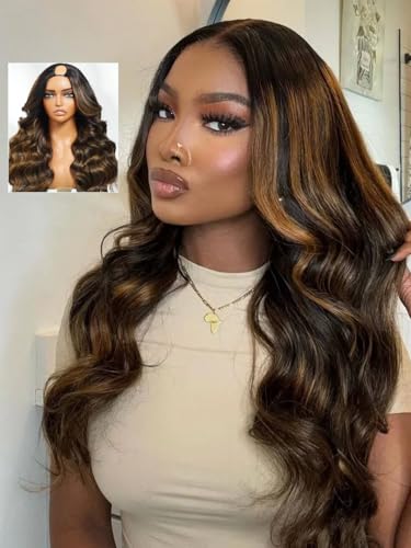Image of Beauty Forever V Part Wig Human Hair Balayage Brown Highlight Loose Wave Face Framing EasiContour Vpart Wigs Magic Leave Out Upgrade U Part Human Hair Ready to Go Drawstring Wig 150% Density 20inch
