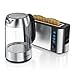Produktbild Arendo - Wasserkocher mit Toaster SET, Glas Wasserkocher Edelstahl 1,7 Liter mit LED + Arendo Edelstahl Toaster Langschlitz mit Brötchenaufsatz - Küchen Set - Silber