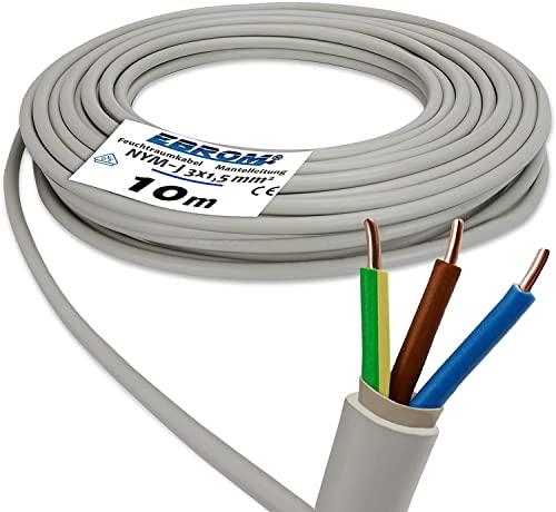 EBROM NYM-J 3 x 1,5 mm² – Cavo di installazione – Tubo per ambienti umidi – Grigio – Ampia scelta in molte lunghezze con incrementi di 5 metri fino a 250 metri al pezzo – Lunghezza: 3 x 1,5 mm2, 10