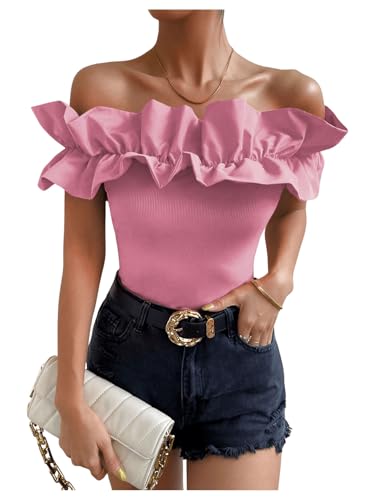 OYOANGLE Women's Ruffle Trim Off Shoulder Short Sleeve Blouse Party Tops Shirt
