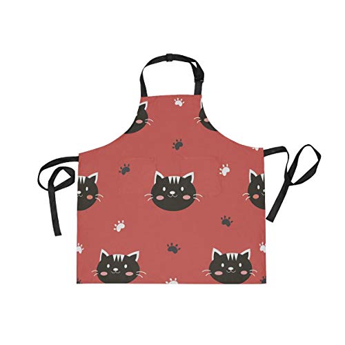 SoreSoreエプロン 女性用 H型 かわいい キッチンエプロン 猫柄 ねこ 赤 レッド おしゃれ 前掛け 首掛け 防水 ポケット付 料理 カフェ 保育士 家庭用 メンズ用 男女兼用