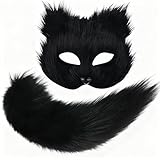 Lupidyyxun Therian Mask and Tail Set for Girl Furry Cat Wolf Fox Mask and Tails for Women Halloween Costume (Black MaskTail)