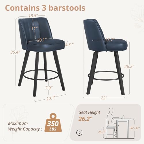 Image of LUE BONA 360-degree Swivel Bar Stools Set of 3, 26 inch Counter Height Bar Stools with High Back and Wood Legs, Morden Faux Leather Upholstered Barstools for Kitchen Counter