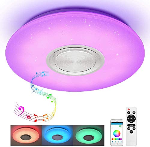 Nakeey  Lámpara de techo con altavoz Bluetooth, mando a distancia y control por aplicación, 24 W, cambio de color, estrellas, regulable, blanco cálido, blanco frío, 2800  6500 K, luz ambiental RGB