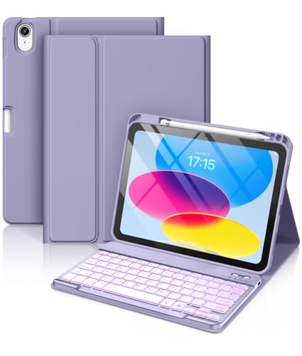 Image of Hamile for iPad 11th 10th Generation Case with Keyboard - 7 Colors Backlit Wireless Detachable Folio Keyboard Cover with Pencil Holder for iPad 11-inch A16 2025 10th Gen 10.9 Inch 2022 (Lavender)