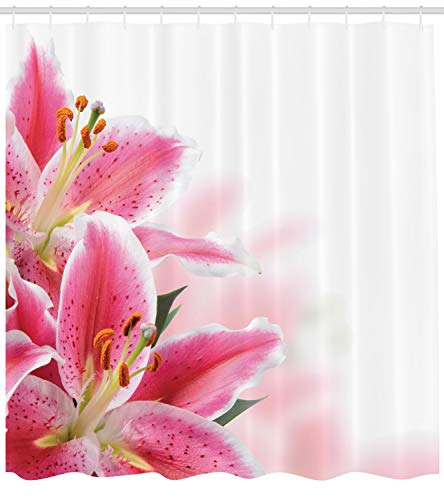 ABAKUHAUS Pink and White Shower Curtain, Florist Theme with Lilies Close up a Fresh Bouquet for the Loved Ones, Cloth Fabric Bathroom Decor Set with Hooks, 86 Inches Extra Long, Pink Orange Green - Image 2
