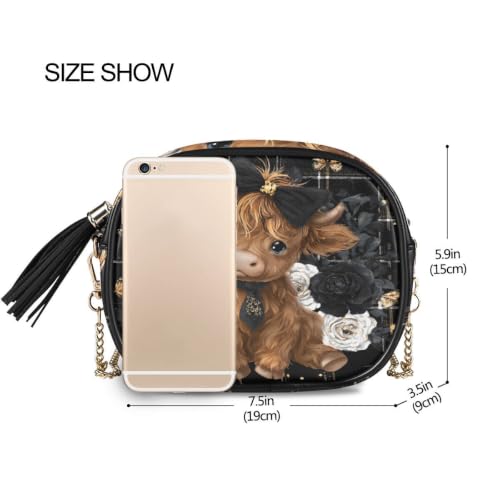 Image of ALAZA Women's Highland Cow Rose Butterfly PU Leather Crossbody Bag Shoulder Purse with Tassel