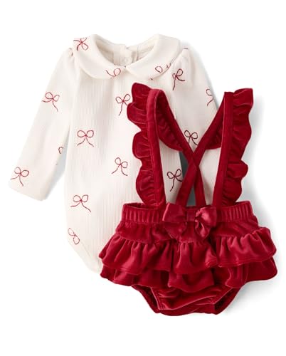 The Childrens Place Baby-Girls and Newborn Long Sleeve Bodysuit and Skirt 2 Piece Outfit White Red Bubble 6 Months 9 Months