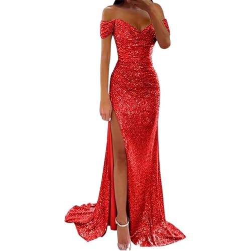 Damen Pailletten Abendkleid Schulterfrei Lang Kleid Elegant Cocktailkleid Glitter Partykleid Sexy V-Ausschnitt Ballkleider Seitenschlitz Paillettenkleider Lang Abschlusskleider (Red-2, L)