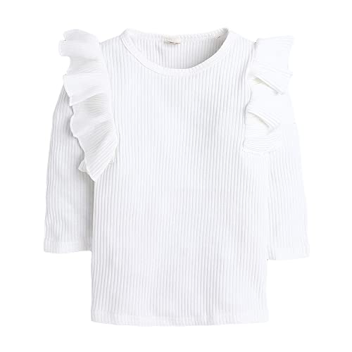 Image of Hopscotch Girls Cotton and Spandex Solid Ruffled 3 /4th Sleeves Top And Skirt Set in White Color