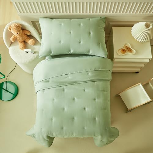 Image of DuShow Green 4 Pieces Toddler Bedding Set for Boys Girls,Embroidery Microfiber Crib Bed Sheets Set Soft Boho Comforter Set Bed in a Bag,Include Quilted Comforter,Flat Sheet,Fitted Sheet,Pillowcase