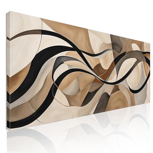 CheQuadro! Tableau abstrait moderne pour salon, impression sur toile Courbes élégantes, beige et marron, encadré, prêt à accrocher absh10-130x60 cm