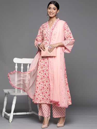 Image of Varanga Women Floral Printed Regular Pure Cotton Kurta with Trousers & With Dupatta