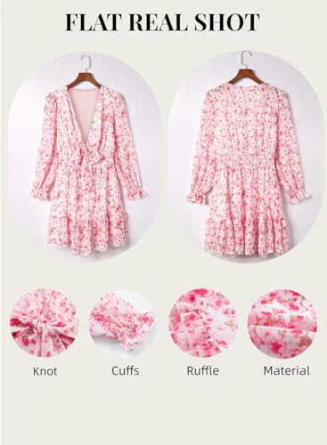 Image of AlvaQ Women Spring Fall Long Sleeve A Line Floral Print Dress Sweet Sexy V Neck Knot Front Sundress Fashion 2025 Pink Medium