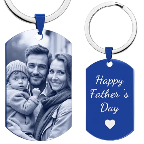 Queenberry Personalized Engraved Custom Photo + Text Dog Tag Pendant Keychain Blue
