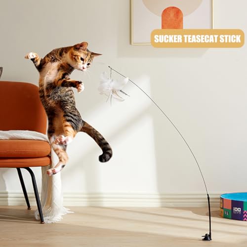 Image of Qpets Cat Teaser Wand Feather Suction Cup Interactive Indoor Felines | Interactive Play, Helps Engage Indoor Cats, Feather Attachment, Suction Cup Base, Flexible Wand