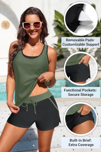 3 Piece Tankini Swimsuits for Women - Bathing Suits with Boy Shorts Swim Tank Top Sports Bra and Modest Swimwear Turquoise Large — view 5