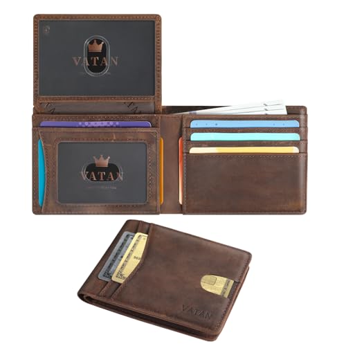 VATAN Wallet for Men, Mens Minimalist Wallet Credit Card Holder, Slim Leather Rfid 2 ID Window Large Capacity With Gift Box (CH Coffee)