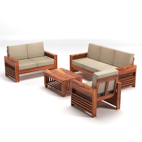 Image of Sheesham Wooden 6 Seater Sofa for Living Room | Rosewood 6 Seater Cushion Sofa with Side Teapoy for Home & Office | Solid Wood Sofa Set for Lounge (Honey,Grey,3+2+1 Seater)
