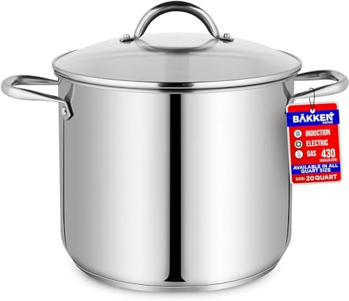 Comparison: Best 20 Quart Stock Pot 10 Stainless Steel Stockpot with Tempered Glass Lid 20 Quart, Durable 18/0 Stainless Steel, Impact-Bonded Base for Even Heating, Riveted Handles, Oven & All Stove Compatible, Safe Up To 500°F (260°C)
