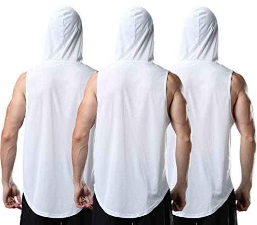 ROGUDUA Camiseta sin mangas con capucha para hombre, de secado rápido, para gimnasio, entrenamiento, camiseta sin mangas, Blanco + Blanco + Blanco, X-Large
