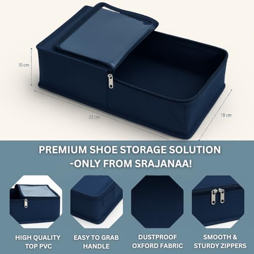 Image of Under Bed Shoe Storage Organizer Box with Clear Plastic Zippered Cover | Large Durable Rexine Travel Shoe Bag for Men & Women | Pack of 8 | Shoes, Slippers & Sports Footwear Storage (Blue)