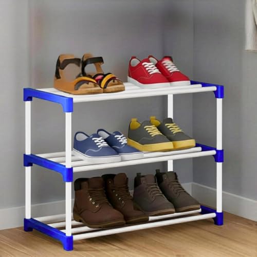 Image of 3 Tier Shoe Rack with Shelf, Thick Strong Pipes for Heavy Load Multipurpose Organizer Rack Shoe, Cloth & Book Storage Shelf for Home, Balcony, Living Room & Workspace