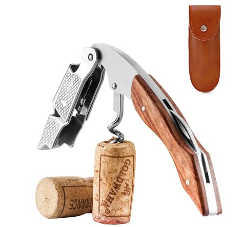 Tire-bouchon professionnel en acier inoxydable avec son Etui en Cuir. Qualité Hôtelière et Restauration. Avec Décapsuleur et coupe capsule - Limonadier professionnel, couteaux de sommelier. (Bois)