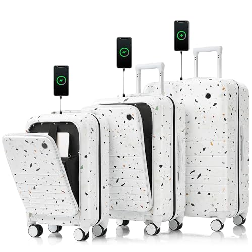 Travel with 3-Piece Luggage Set, Stylish Design with USB Port and Front Opening, Starry Sky White 5