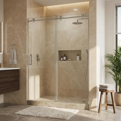 Image of 56-60 inch W x 76 inch H Frameless Sliding Shower Door, 5 /16 inch (8mm) Tempered Glass with Explosion-Proof Film & Easy-Clean Coating, Brushed Nickel Bypass Shower Door with Seal Strip