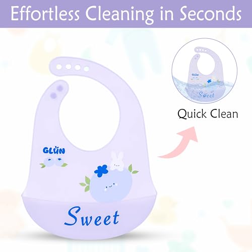 Image of GLUN Pack of 2 Soft Feeding Bibs with Bowl, Cute Sweet Rabbit Print for Growing Champs, Easily Wipes Clean, Comfortable Soft Baby Bibs, Less Time Cleaning after Meals for Babies