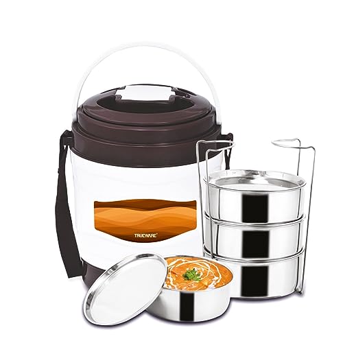 Image of Trueware Marina 4 Lunch Box with 4 Steel Container, 300 ml X 4 Brown | PU Insulated | Tiffin | Hot Lunch Box | Leak Proof | Easy to Carry | Food Grade | BPA Free | Office | Outdoors | for Men Women