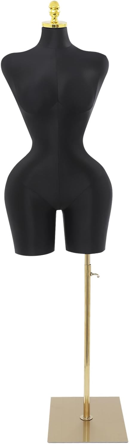 Professional Female Mannequin Body, Pinnable Manikin Body Torso with Adjustable Height 63-84in Gold Support Stand Satin Covered Clothing Display Model