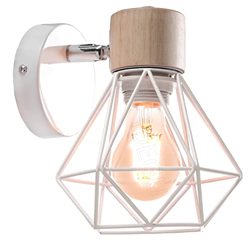 iDEGU Applique Murale Industrielle Design Cage en Métal Lampe Murale Bois Décoration Ajustable Vintage Luminaire Interieur pour Chambre Couloir Salon, 16CM (Style-B Blanc 1Pack)
