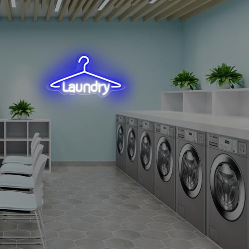Image of Laundry Neon Sign Laundromat Led Neon Sign Washing Machine LED Light | USB Powered Neon Sign For Laundry Room Laundry Wall Art Laundry Room Decors 16.5 inchx9.1 inch, Blue+White