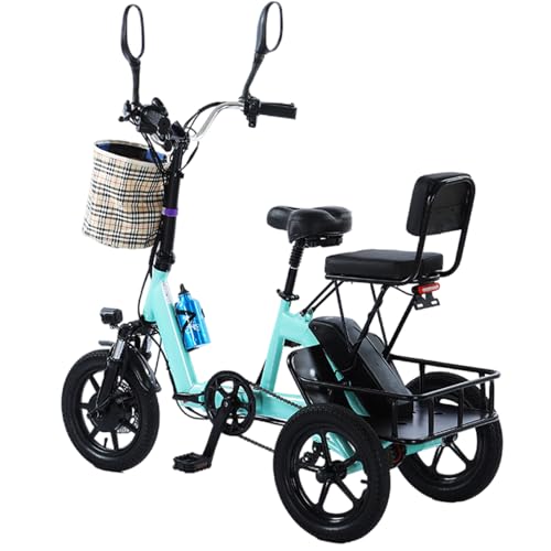 Triciclo Eléctrico Plegable para Adultos,De 14 Pulgadas Y Tres Ruedas,con Asiento para Pasajero Y Cesta Grande,Batería De 48 V,Carga De 135 Kg Y Motor Sin Escobillas De 350 W Green