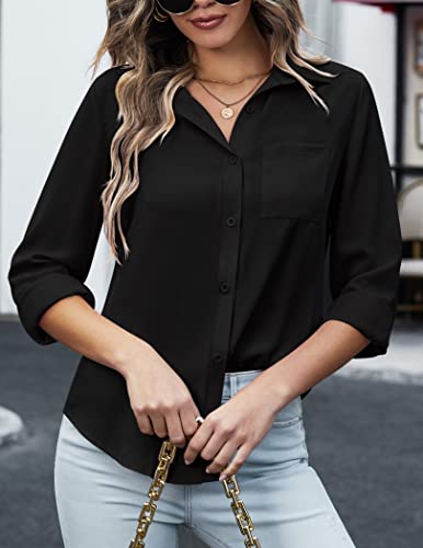 Hotouch Women Button Down Shirts With Pockets Long Sleeve Office V Neck Casual Business Chiffon Blouses Tops Slim Fit Dress Shirts Black M #TOP2