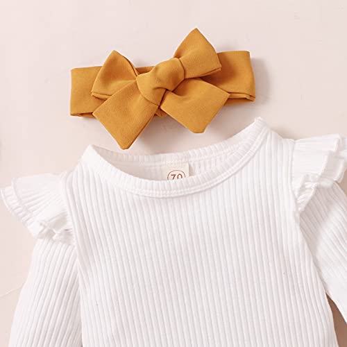 Newborn Baby Girl Fall Clothes Ruffle Long Sleeve Ribbed Romper Pocket Suspender Skirts Infant Overalls Dress ( Plain White Yellow, 0-3 Months) #TOP1