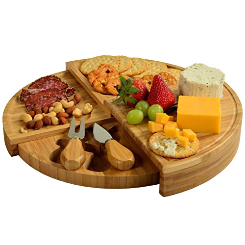 Picnic at Ascot Bamboo Board for Appetizers with Cheese Tools - Stores as a Space Saving Wedge - Opens to 13
