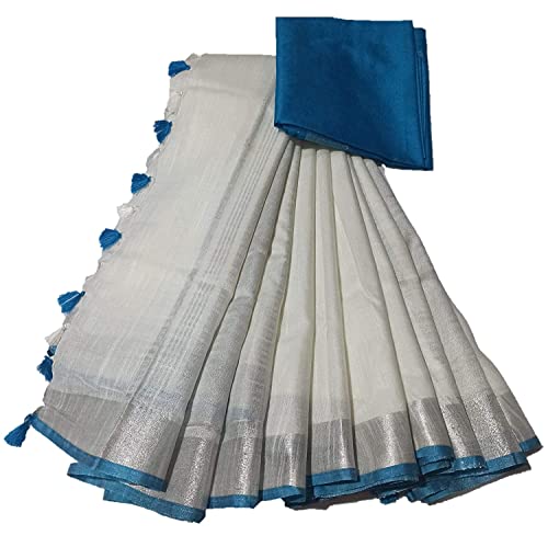Photo de HAIDER ALI AND SONS Sari ethnique en lin flammé blanc pour femme (avec chemisier), FIROZA, free size