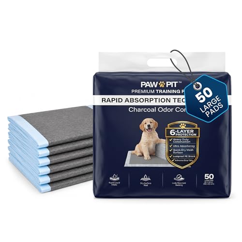 Image of PawPit Puppy Training Pads for Dogs, 6-Layer Rapid Absorption with Activated Charcoal Odor Control, Leak-Resistant PE Backing, Quick-Dry Mesh Surface, 22 x 22 Inch, 50 Count