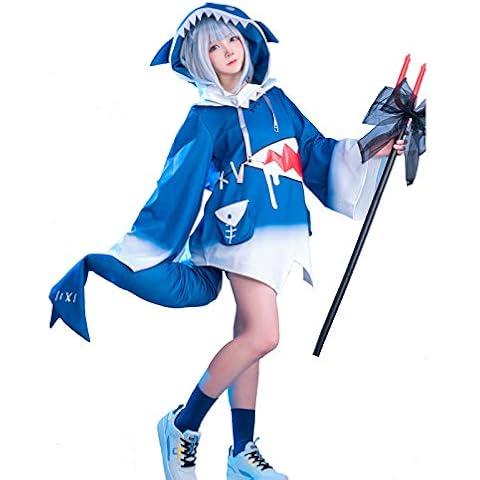 Nuoqi Gawr Gura Cosplay Costume Gawr Gura Shark Hoodie Jacket Outfit with Fish Tail, Blue, S-M Cover