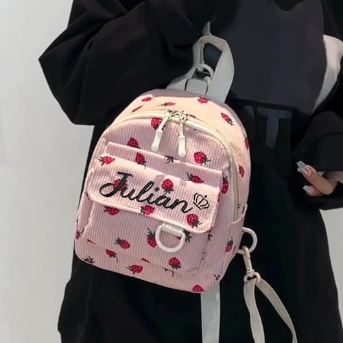 Pekdi Personalized Backpack with Embroidered Name Corduroy Backpack Monogram Strawberry Book Bag with Embroidery Pattern Lightweight Daypack Casual Travel Bag for Sports Dance Gym3