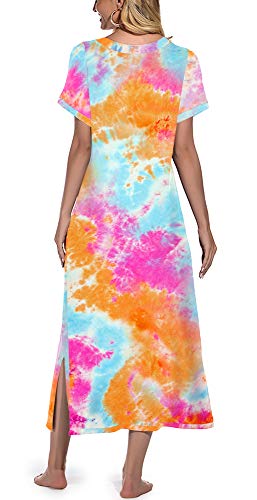 Prinstory Womens Long Nightgown Short Sleeve Nightshirt V-Neck Soft Loungewear Casual Sleepwear With Pockets Colorful Orange-Xx-Large #TOP4