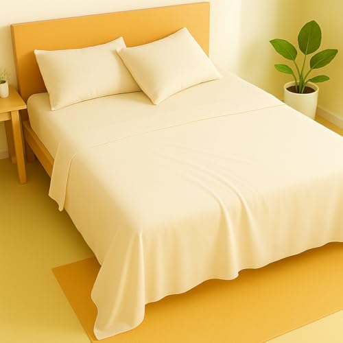 Image of 100% Cotton Bedsheet Set - Ivory King Size (102x108 Inches) - Lightweight, Super Soft, Wrinkle-Free - Flat Bedsheet with 2 Pillow Covers
